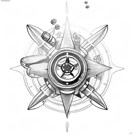 Scuba Diver on rebreather, tiger shark, compass rose tattoo design idea