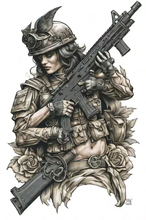 Goddess Diana in a military helmet with an M4A1 rifle tattoo design idea