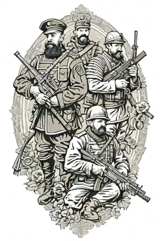 Modern Ukrainian soldiers against the background of Cossacks with elements of embroidery tattoo design idea