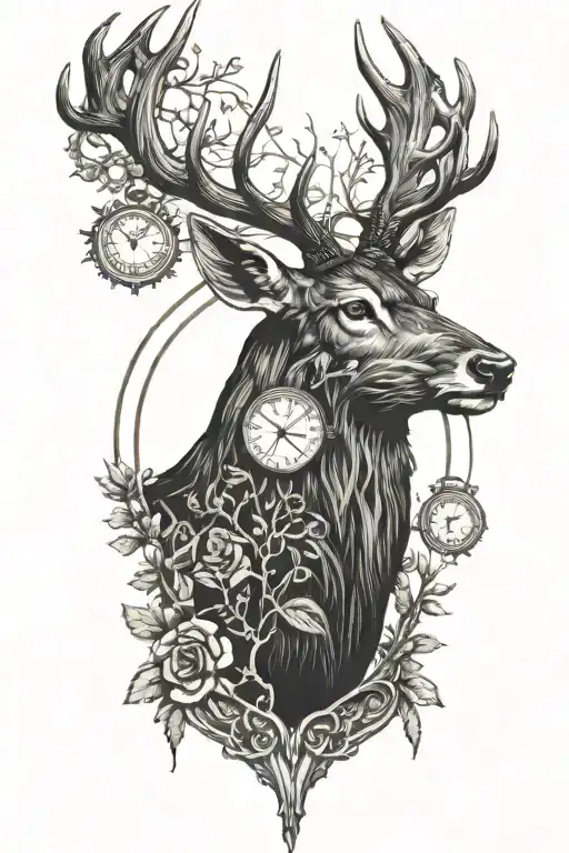 stag in a forest with pocket watch in mouth tattoo design idea