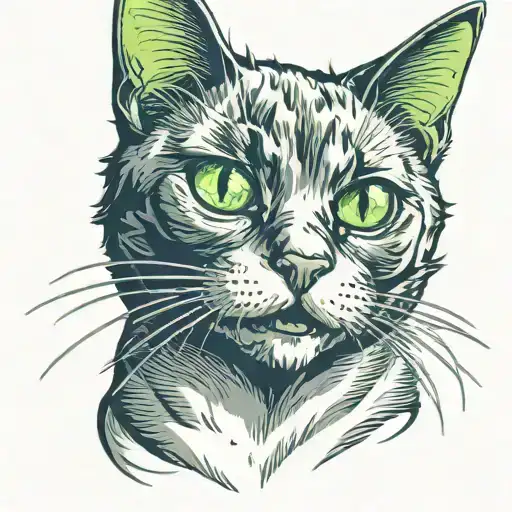 head of black cat with green eyes looking up and meowing tattoo design idea
