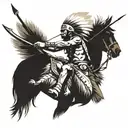 Brazilian Indian warrior on horseback, with bow and arrow pointed at the sun, wearing a small white feather headdress tattoo design idea