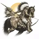 Brazilian Indian warrior on horseback, with bow and arrow pointed at the sun, wearing a small white feather headdress tattoo design idea