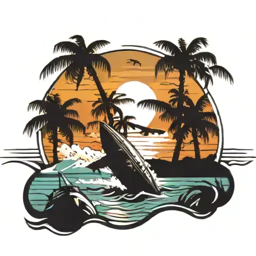 coconut tree in sea sunset beach with aircraft taking tattoo design idea