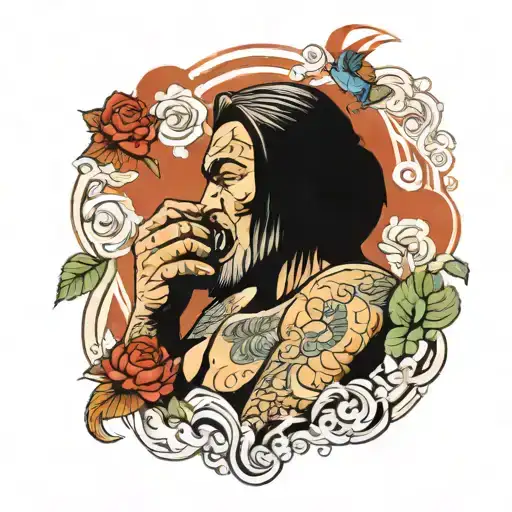 a fighter man drinking a honey from lips of sexy women between her hand's  tattoo design idea