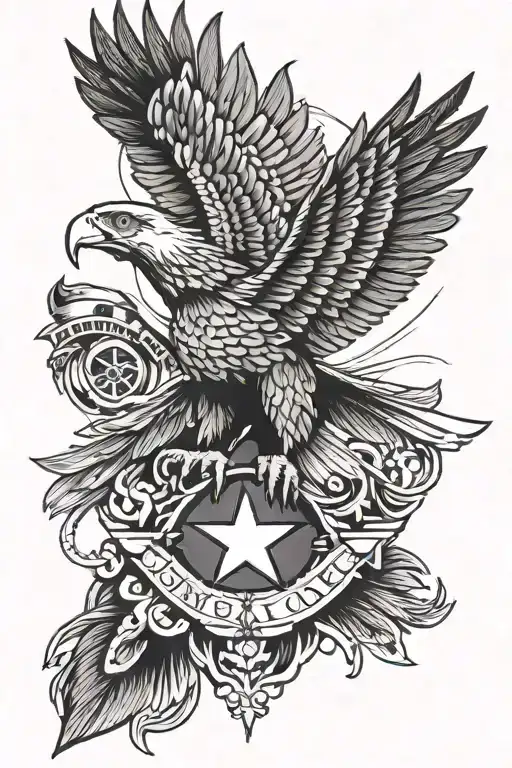 Incorporate military symbols like a tank or a helmet with a bold eagle representing authority in a blackwork style tattoo design idea