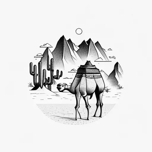 camel in the desert with moutains and sunset  tattoo design idea