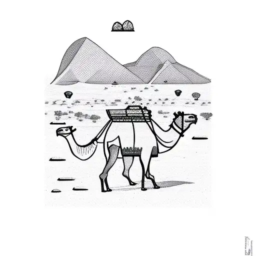 camel in the desert with moutains and sunset  tattoo design idea