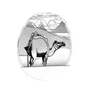 camel in the desert with moutains and sunset  tattoo design idea