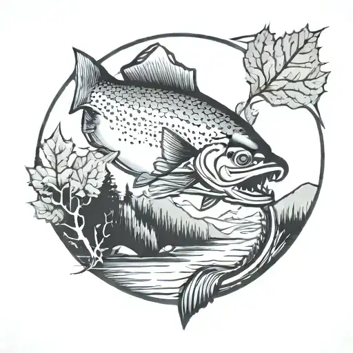 half circle tattoo with Canadian Maple Leafs a bass Salmon Pike canoe on a river mountains tattoo design idea
