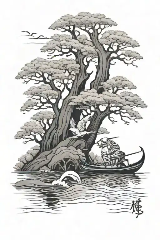 tiger crane canoe going down river trees tattoo design idea
