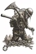 Miner in cave holding pickaxe, with chains breaking around tattoo design idea