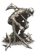Miner in cave holding pickaxe, with chains breaking around tattoo design idea