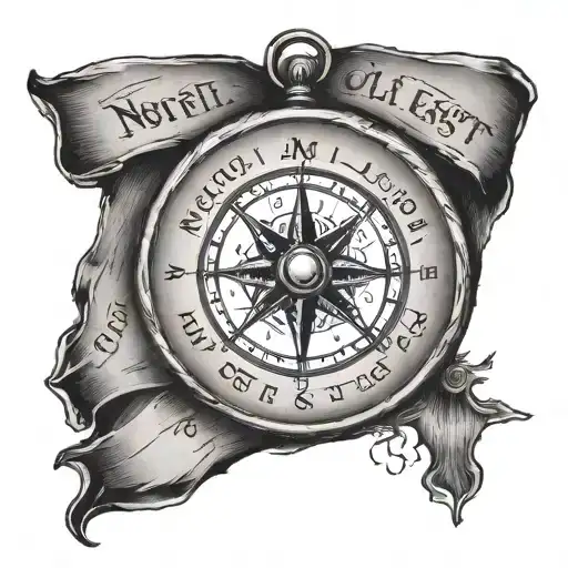 Black and white old compass with “not all who wonder are lost” phrase  tattoo design idea