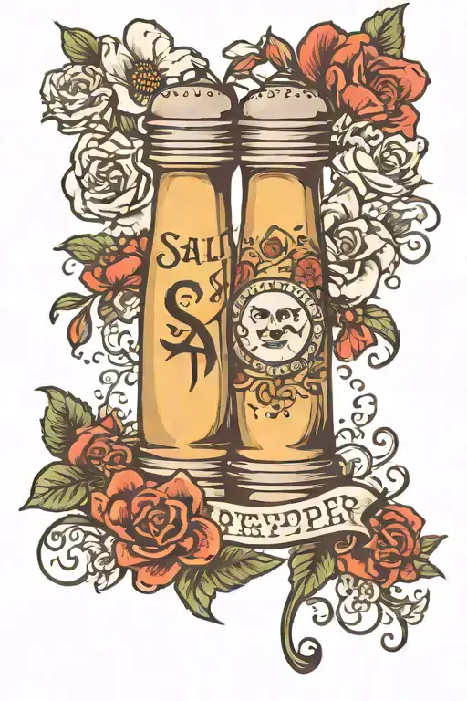 salt and pepper shaker with letters on it and some flowers tattoo design idea