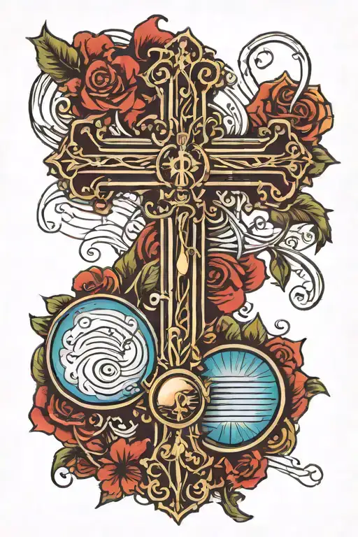 music religious cross tattoo design idea