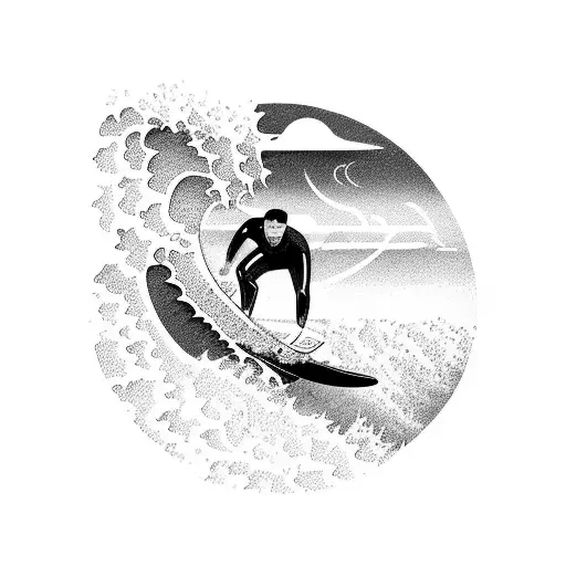 A surfer riding a massive wave with a silhouette of the Kauai mountains in the background tattoo design idea