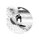 A surfer riding a massive wave with a silhouette of the Kauai mountains in the background tattoo design idea