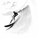 A surfer riding a massive wave with a silhouette of the Kauai mountains in the background tattoo design idea