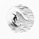 A surfer riding a massive wave with a silhouette of the Kauai mountains in the background tattoo design idea