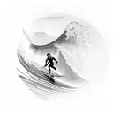 A surfer riding a massive wave with a silhouette of the Kauai mountains in the background tattoo design idea