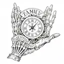 skeleton fingers with Roman numerals clock and family forever saying  tattoo design idea