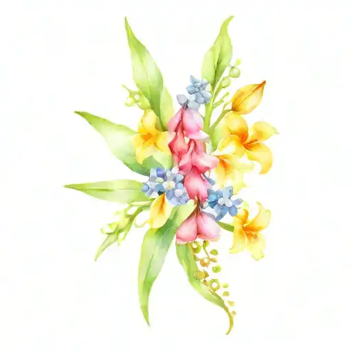 bouquet of lilly of the valley, larkspur, gladiolus, asters, and mum flowers tattoo design idea