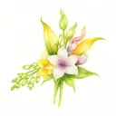 bouquet of lilly of the valley, larkspur, gladiolus, asters, and mum flowers tattoo design idea