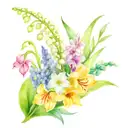 Bouquet Of Lily Of The Valley, Larkspur, Gladiolus, Asters, And Chrysanthemum Flowers tattoo design idea