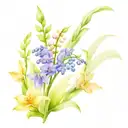 Bouquet Of Lily Of The Valley, Larkspur, Gladiolus, Asters, And Chrysanthemum Flowers tattoo design idea