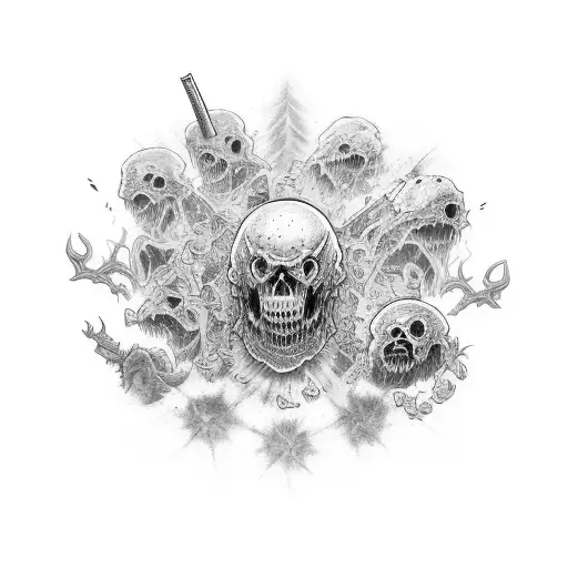 a full sleeve tattoo that depicts the Mob of the Dead characters fighting off hordes of zombies in a post-apocalyptic ci tattoo design idea