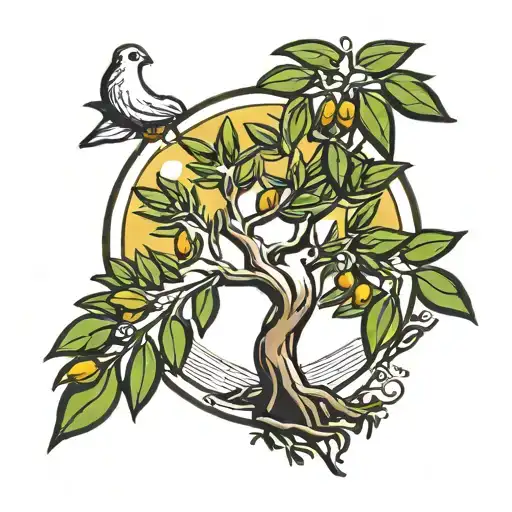 olive tree with sun and dove tattoo design idea