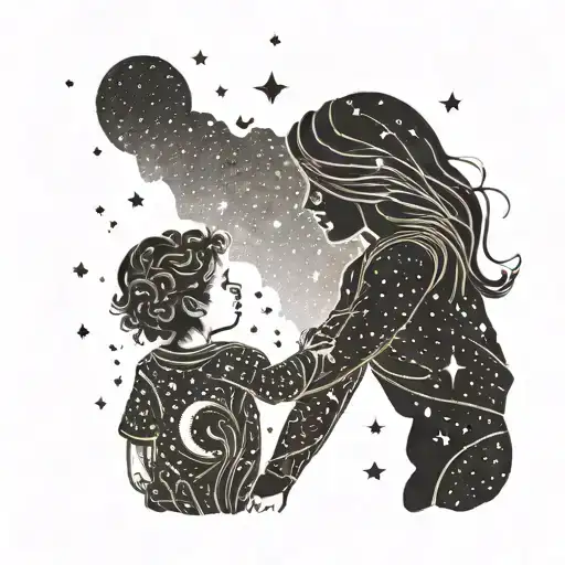 A mother and child holding hands under a starry sky with constellations representing family members tattoo design idea