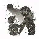 A mother and child holding hands under a starry sky with constellations representing family members tattoo design idea
