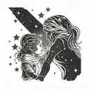 A mother and child holding hands under a starry sky with constellations representing family members tattoo design idea