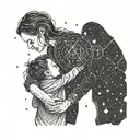 A mother and child holding hands under a starry sky with constellations representing family members tattoo design idea