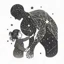 A mother and child holding hands under a starry sky with constellations representing family members tattoo design idea