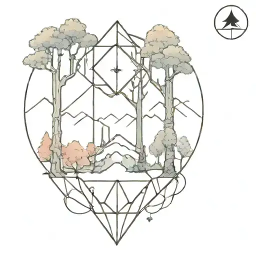 A geometric tattoo of a forest scene with a hidden web development symbol hidden within the trees, inspired by anime characters like Alucard and Itachi Uchiha tattoo design idea