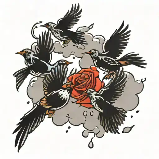 black birds flying through rain clouds transforming into doves tattoo design idea