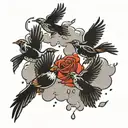 black birds flying through rain clouds transforming into doves tattoo design idea