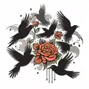 black birds flying through rain clouds transforming into doves tattoo design idea