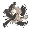black birds flying through rain clouds transforming into doves tattoo design idea