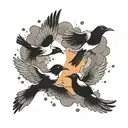 black birds flying through rain clouds transforming into doves tattoo design idea