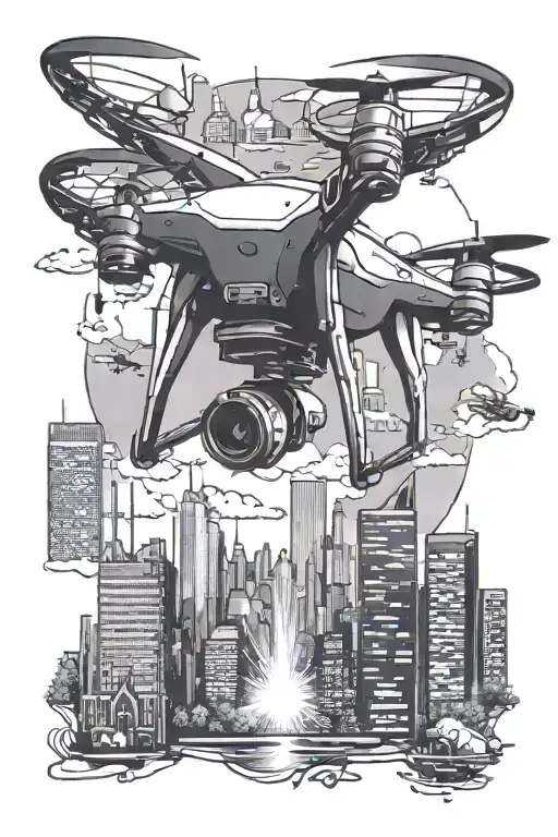 Create a tattoo design featuring a drone flying over a city skyline, with subtle references to Martin Garrix's music tattoo design idea