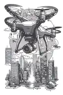 Create a tattoo design featuring a drone flying over a city skyline, with subtle references to Martin Garrix's music tattoo design idea