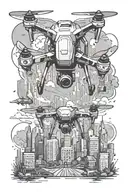 Create a tattoo design featuring a drone flying over a city skyline, with subtle references to Martin Garrix's music tattoo design idea