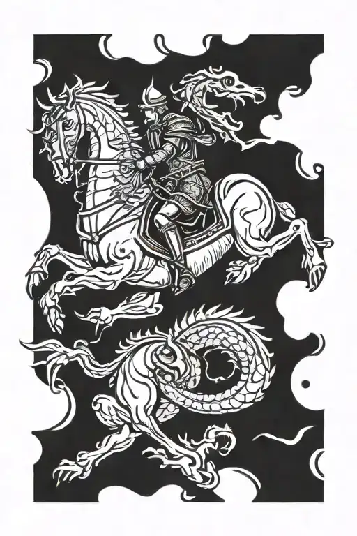 Saint George killing the dragon woodcut tattoo design idea