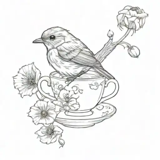 little Robin bird, teacup, small  poppy flower tattoo design idea
