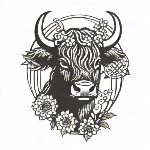 a small cute minimal highland cow, thistle, Celtic knotwork design tattoo design idea