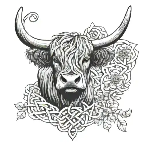 a small picture of a highland cow overtop of a Celtic knot with a thistle flower at the top of the knot tattoo design idea